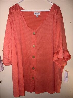 AB Studio Coral Button-Front Ruffle Sleeve Top